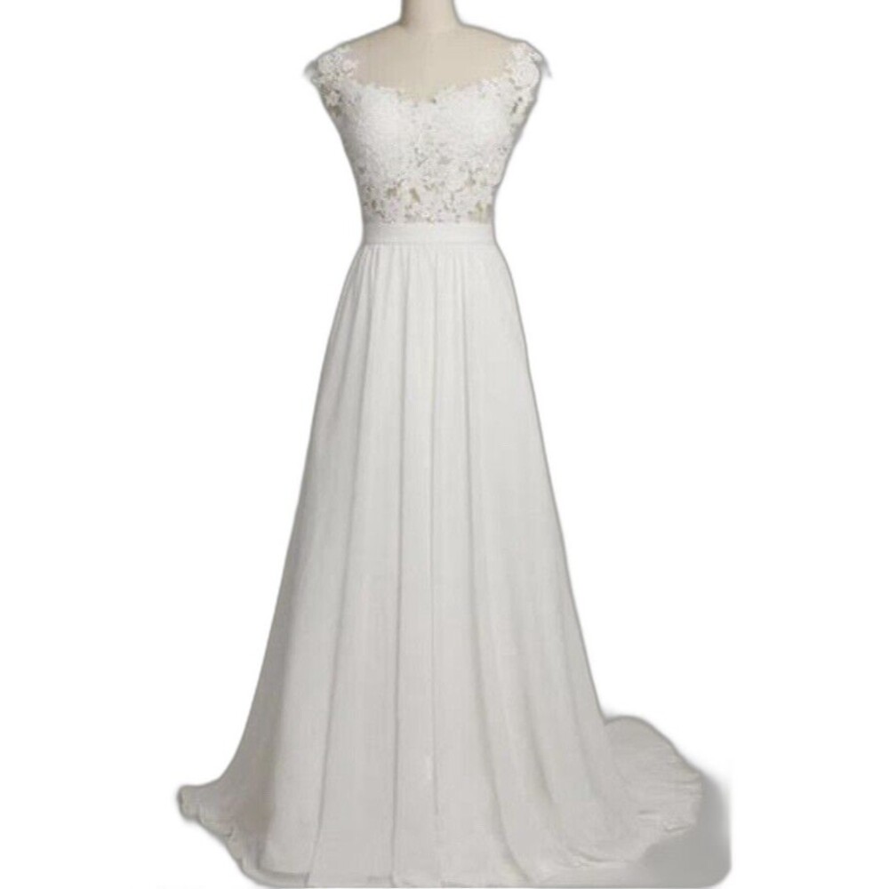 Wedding Dress Gown Size Small 4 6 White Cap Sleeve Lace Pearl Sheer Chiffon NEW
